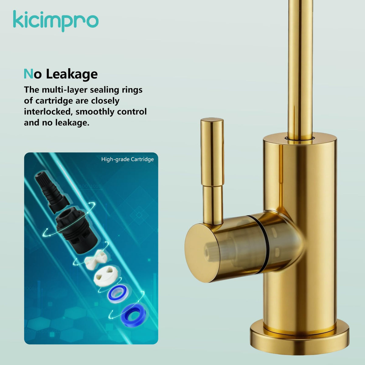 Kicimpro Gold RO faucet lead-free stainless steel ensures safe drinking water.