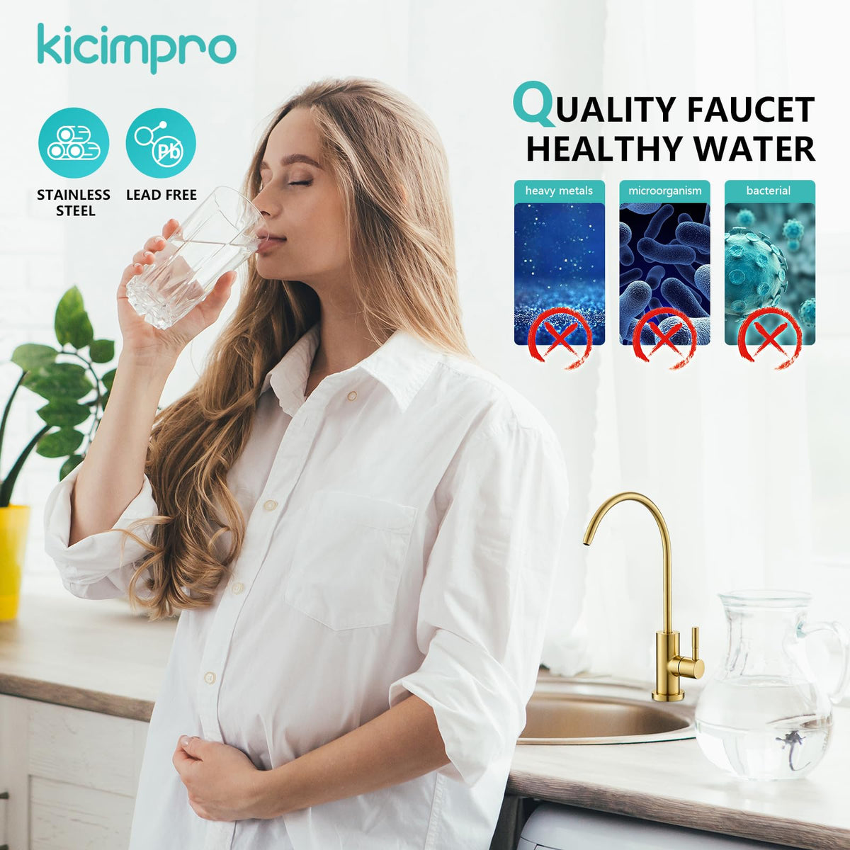 Kicimpro Gold RO faucet splash-free design supports clean pitchers and glasses.