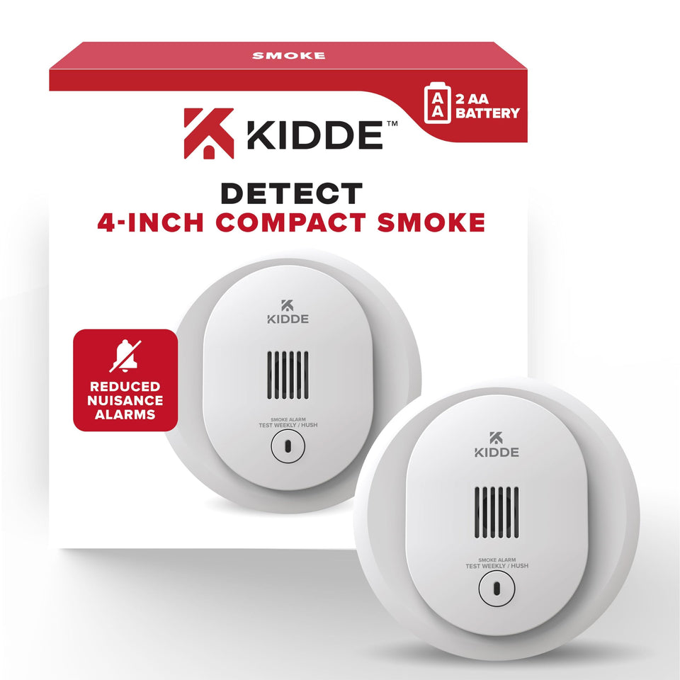 Kidde 10SDR front-view smoke detector showing compact size for home safety