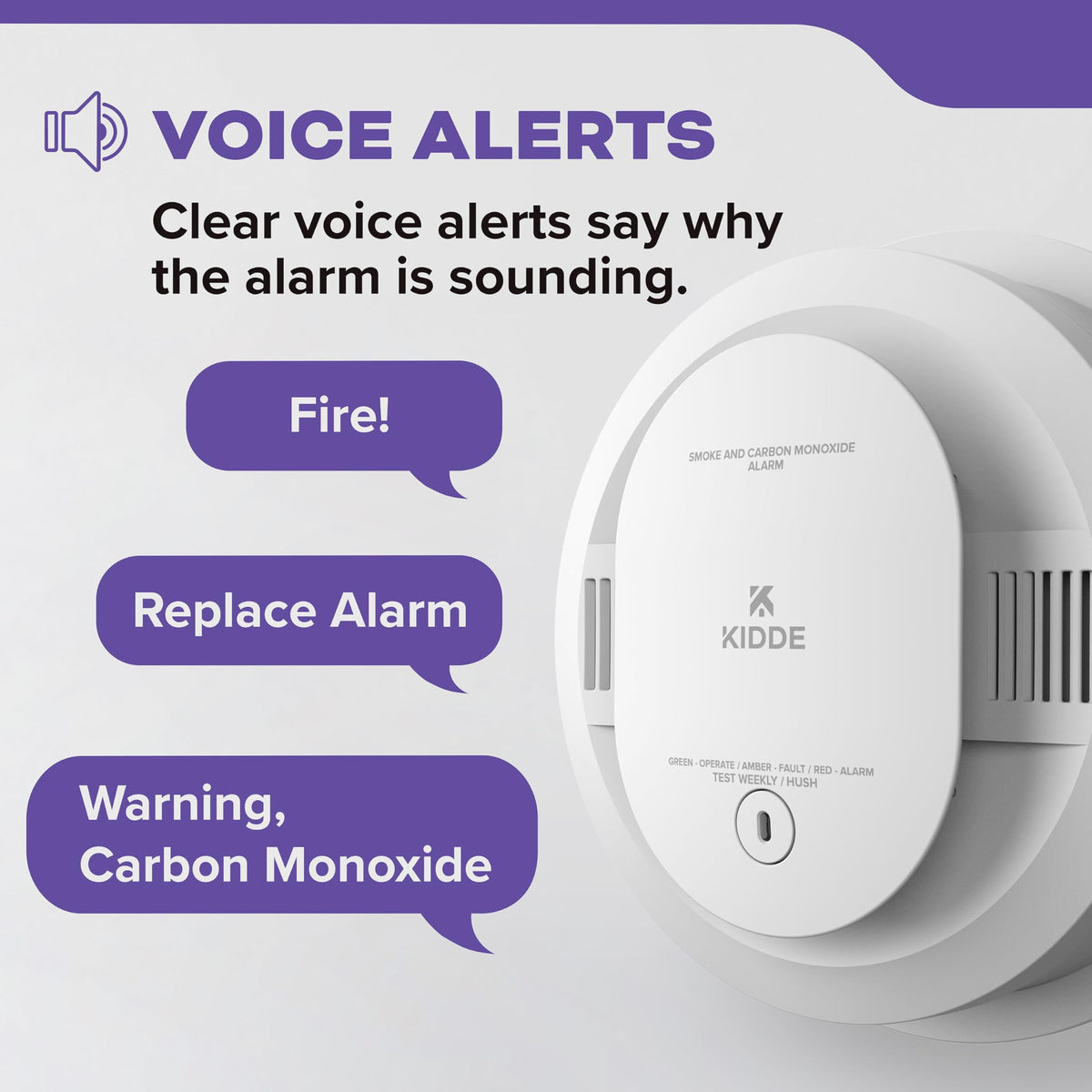 Kidde 30CUAR-V voice alert area shows clear hazard announcements.
