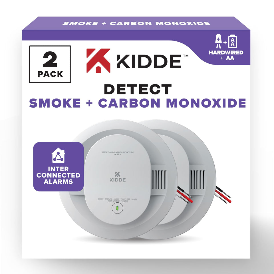 Kidde hardwired smoke and CO detector mounted on ceiling for reliable home safety.