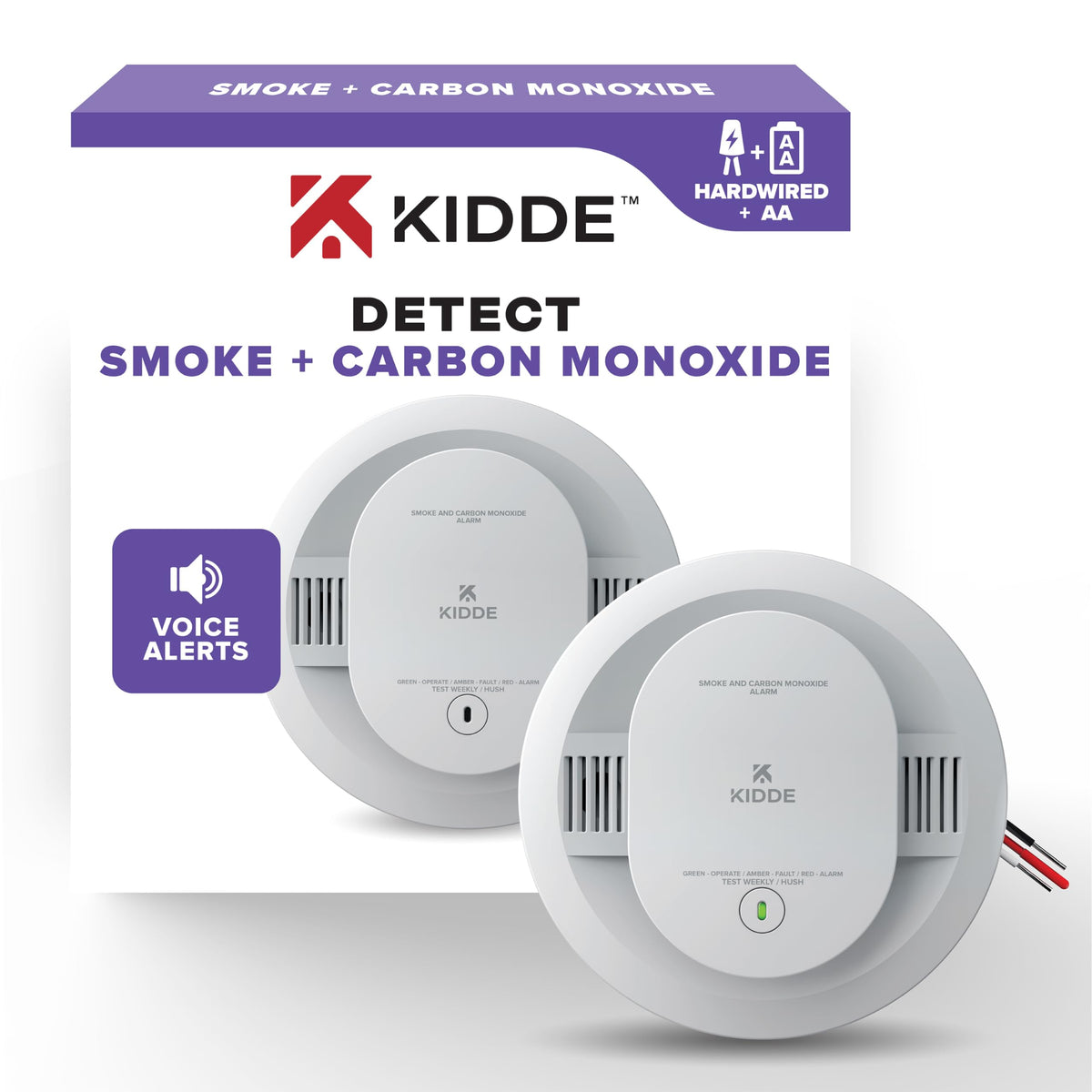 Kidde 30CUAR-V front view smoke and CO detector with LED indicators.
