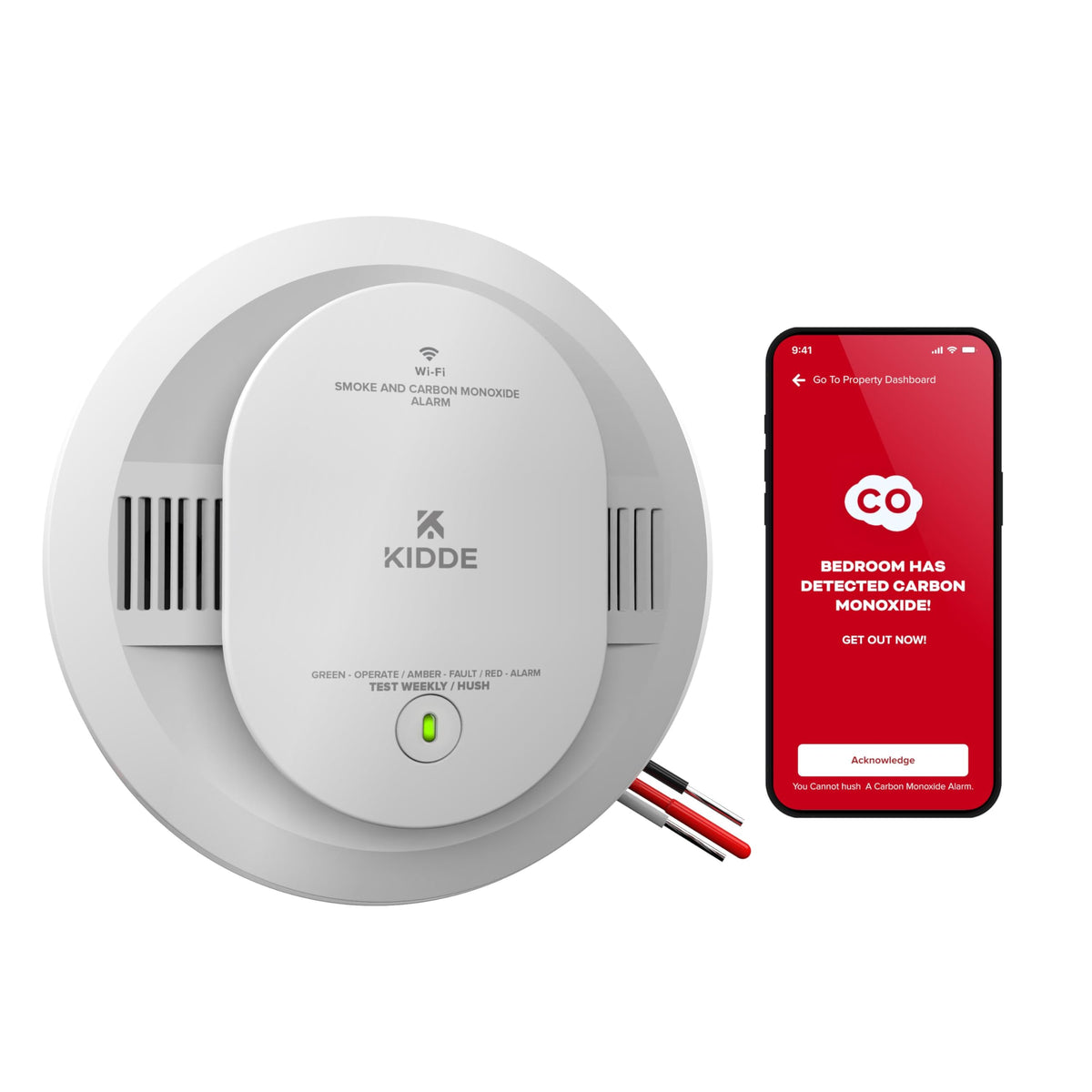Kidde app-enabled hardwired detector front view showing dual smoke and CO detection