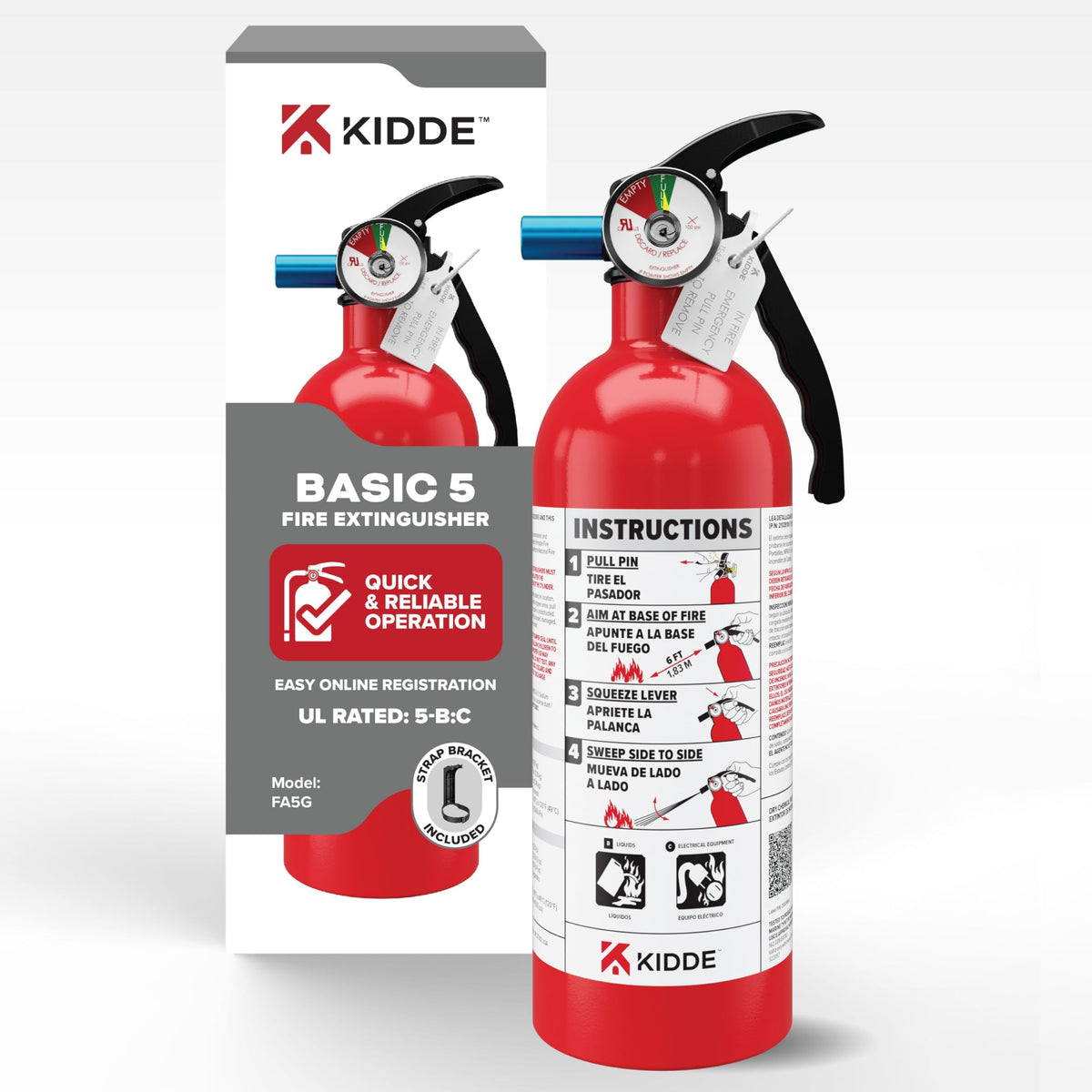 Kidde Basic Fire Extinguisher for home, compact and easy to handle in emergencies.