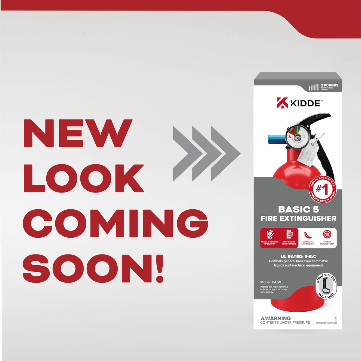 Kidde extinguisher mounted with strap bracket for convenient wall placement.