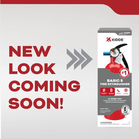 Kidde extinguisher mounted with strap bracket for convenient wall placement.
