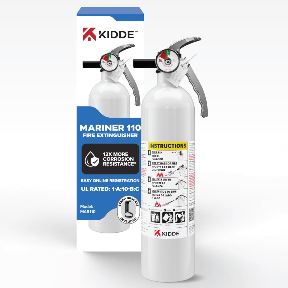 Kidde fire extinguisher for boats shown in front view for quick access