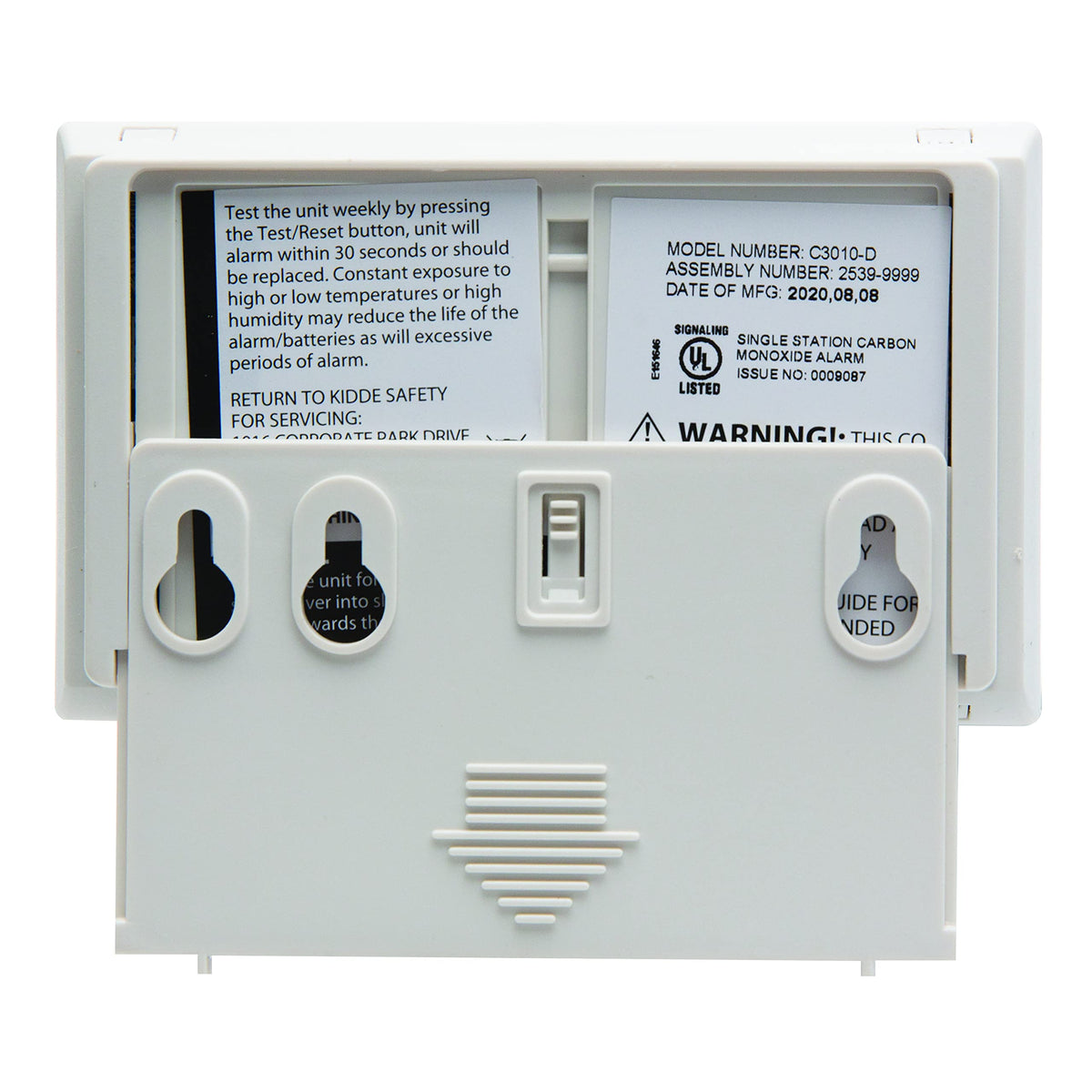 Kidde C3010D peak level memory displays last CO event or test