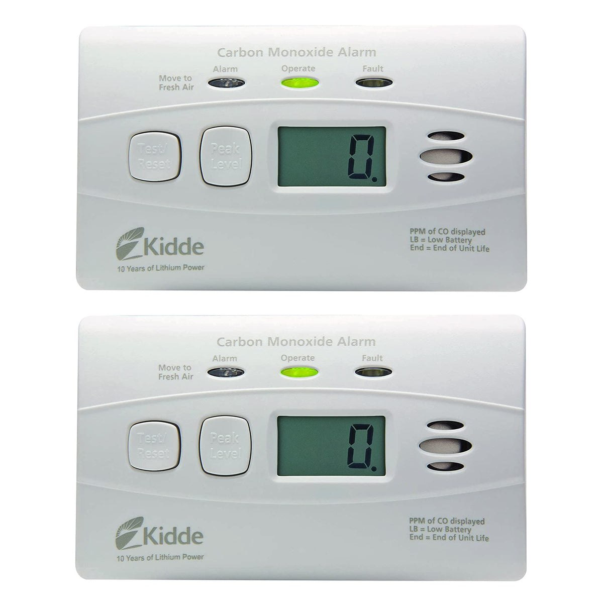Kidde CO detector with 10-year battery front view showing long-lasting power