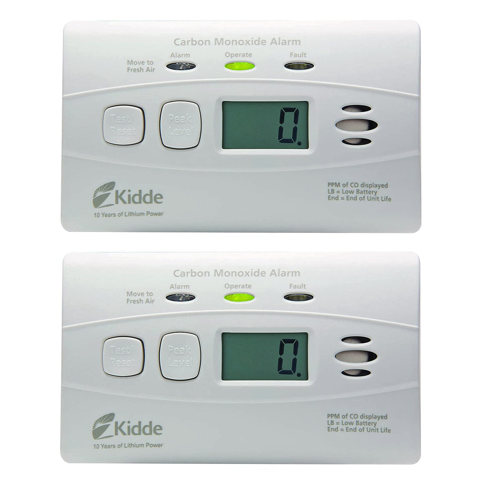 Kidde CO detector with 10-year battery front view showing long-lasting power