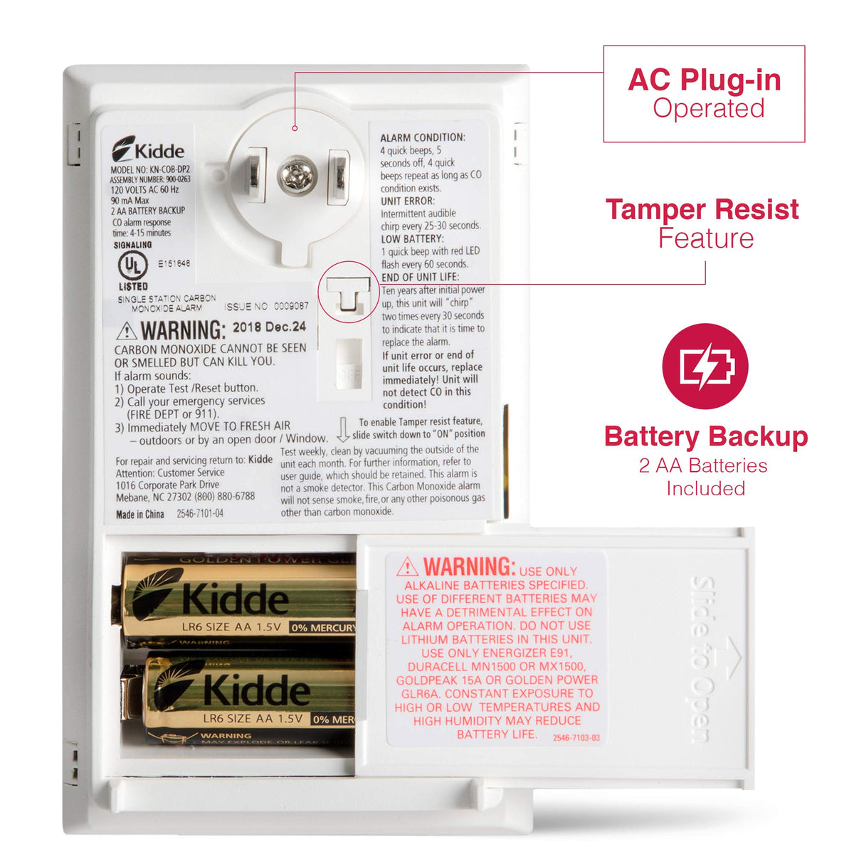 Kidde CO detector emits 85 dB alarm to alert households