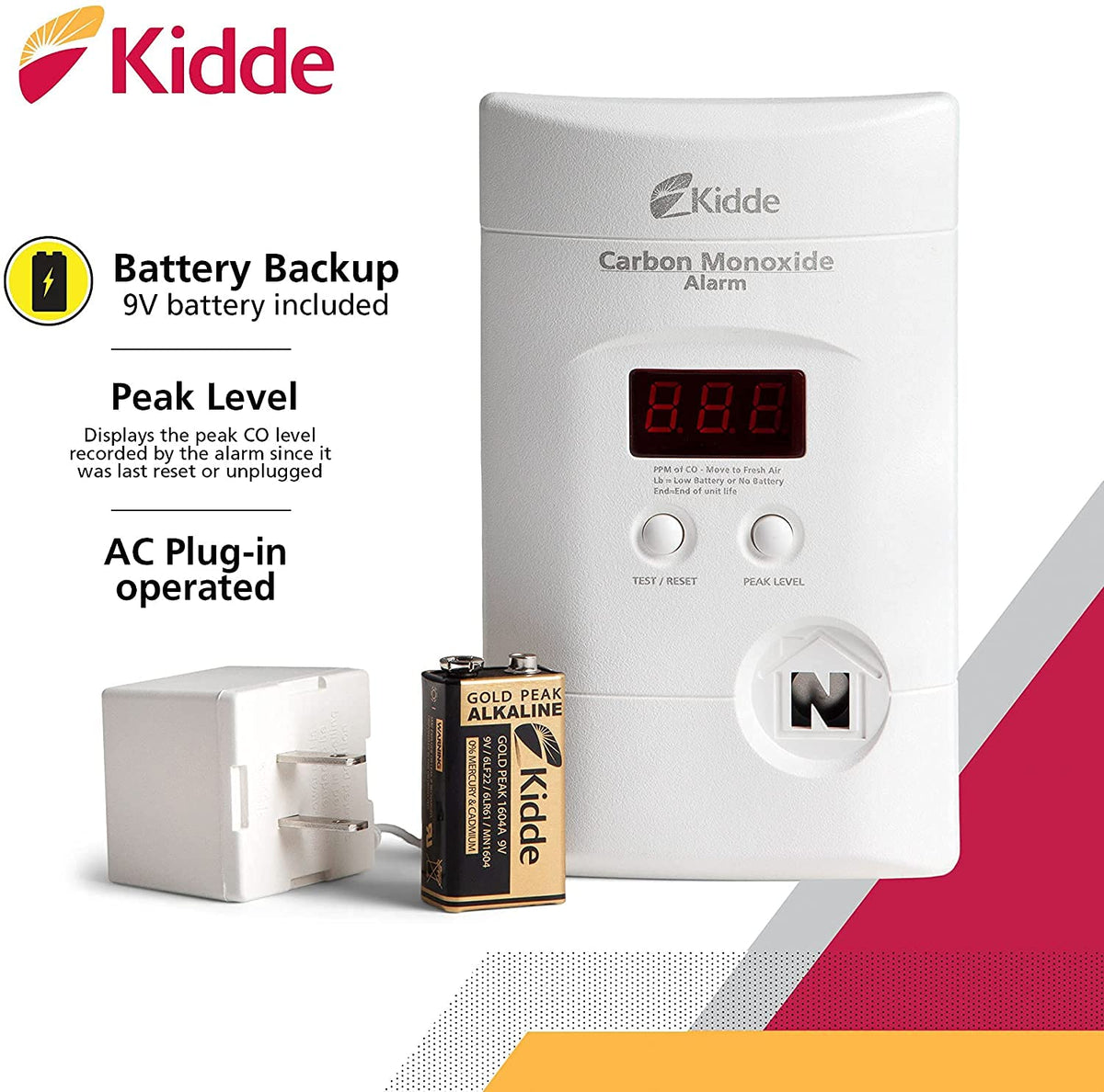 Kidde CO detector with 9-volt backup battery powering during outages.