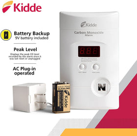 Kidde CO detector with 9-volt backup battery powering during outages.