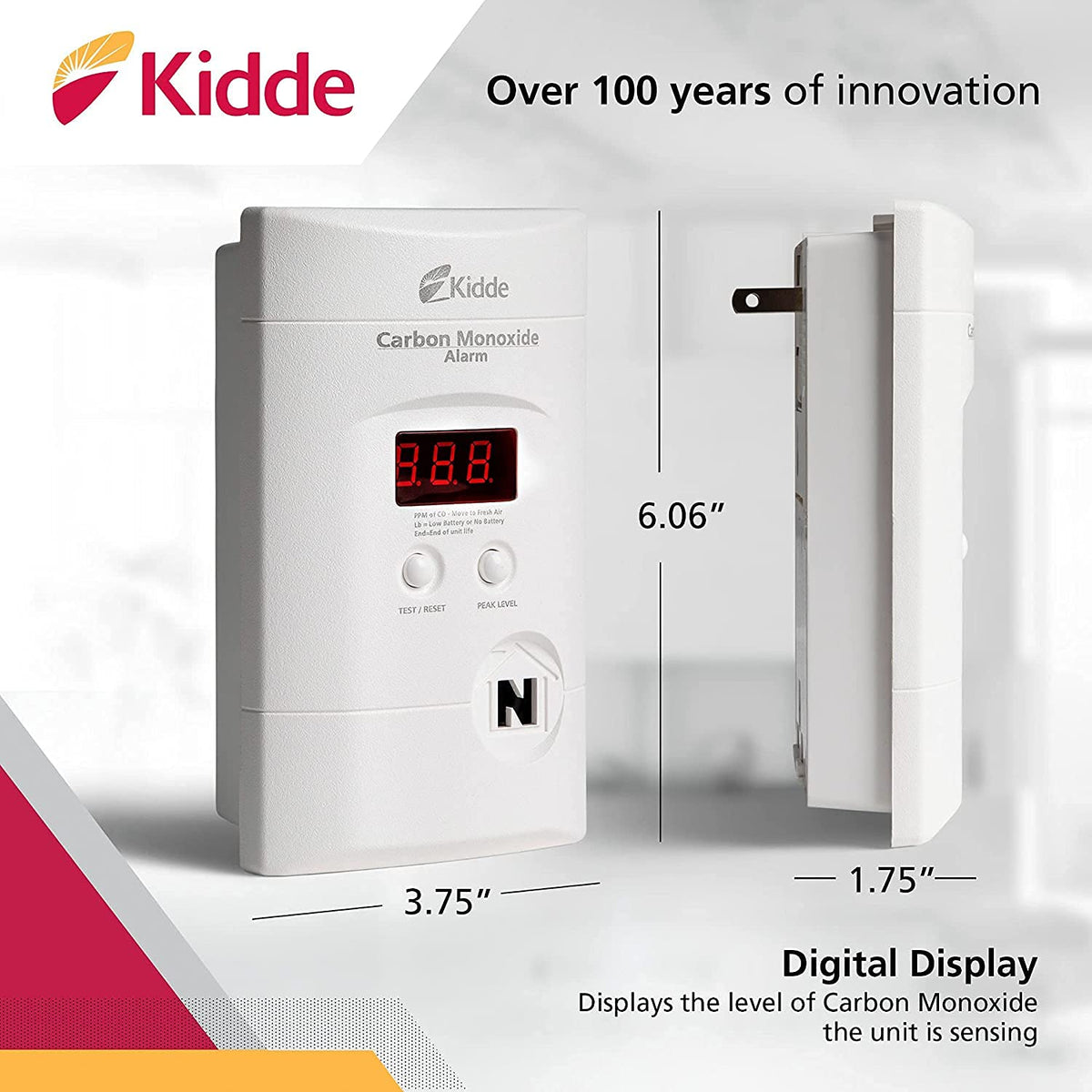 Kidde carbon monoxide detector digital LED display shows current CO level.