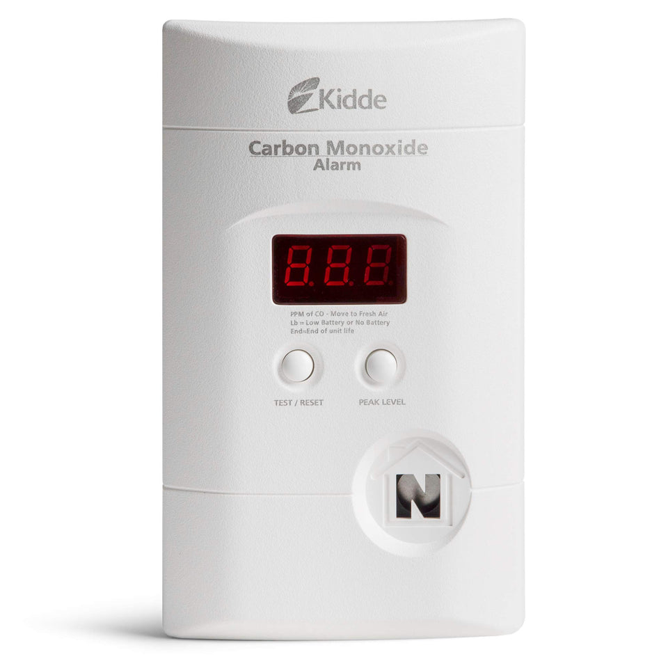 Kidde CO detector plugged into wall with digital CO readout for quick awareness