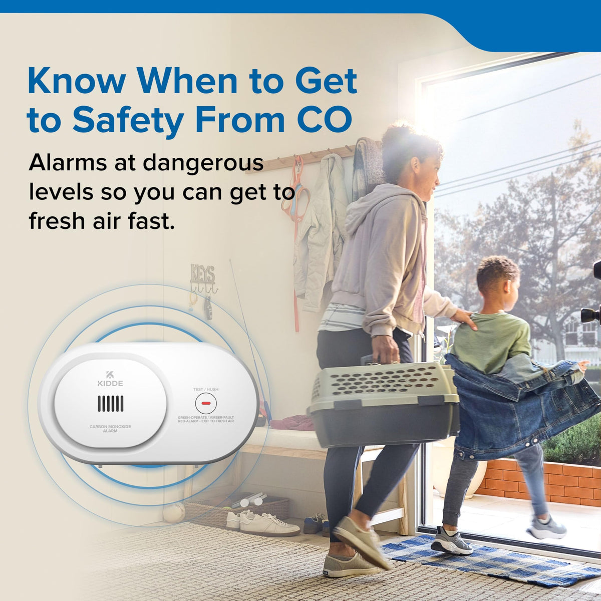 Kidde COB 85 dB alarm activates to alert occupants of CO exposure