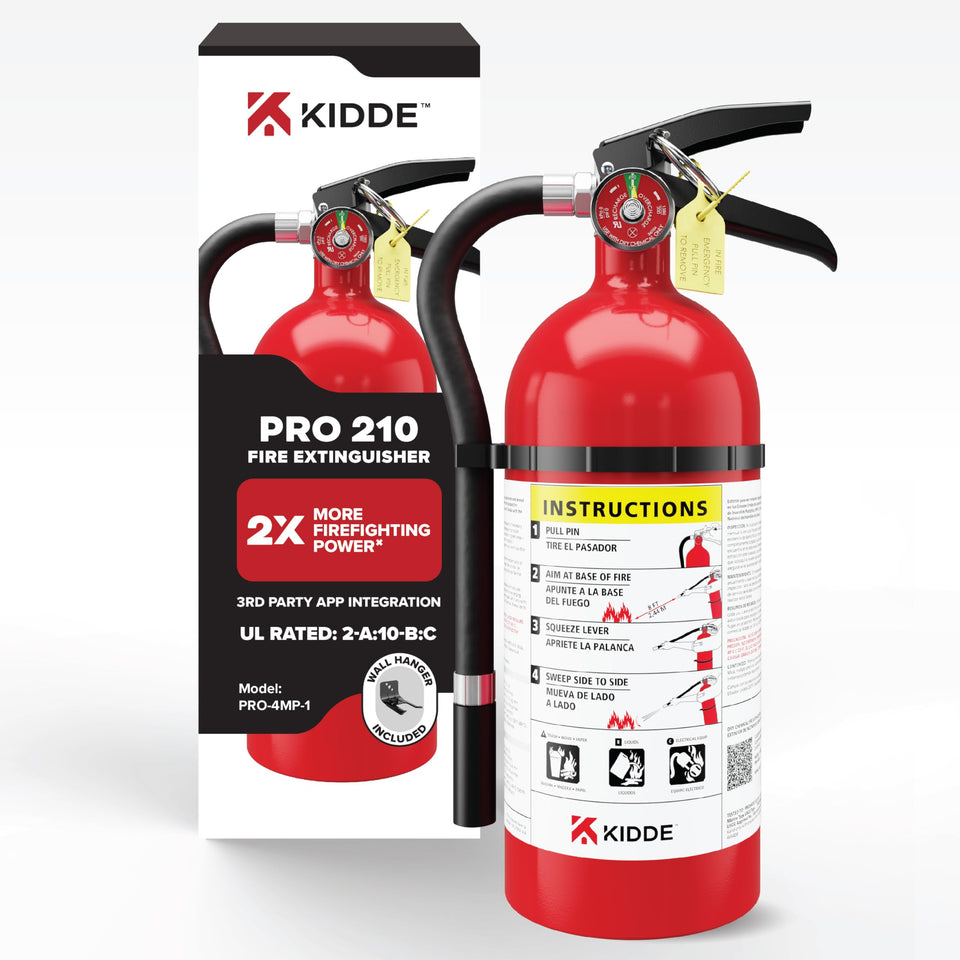 Kidde commercial-grade fire extinguisher in office setting with front view for quick access.