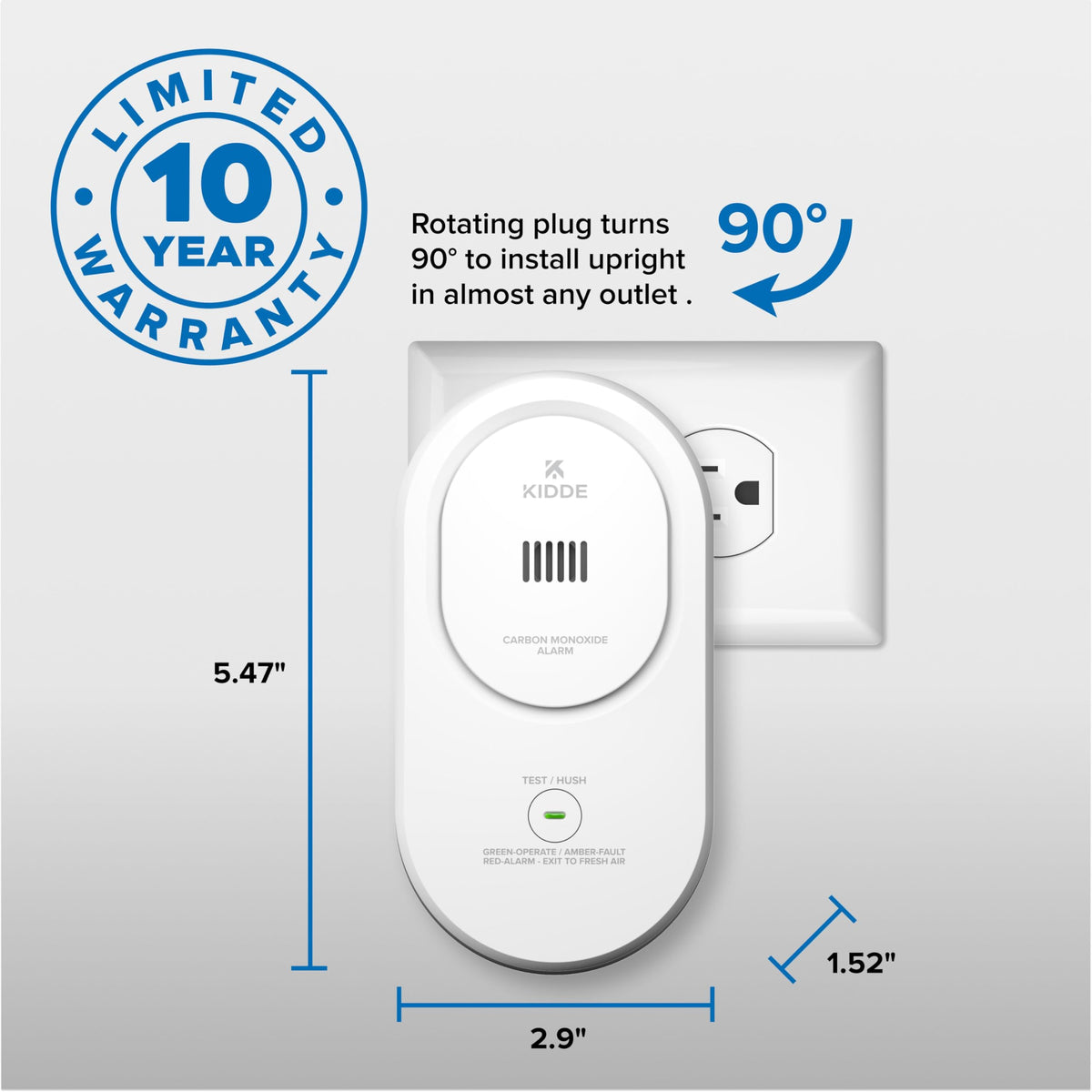 Kidde COP 85 dB alarm provides audible warning throughout the home.