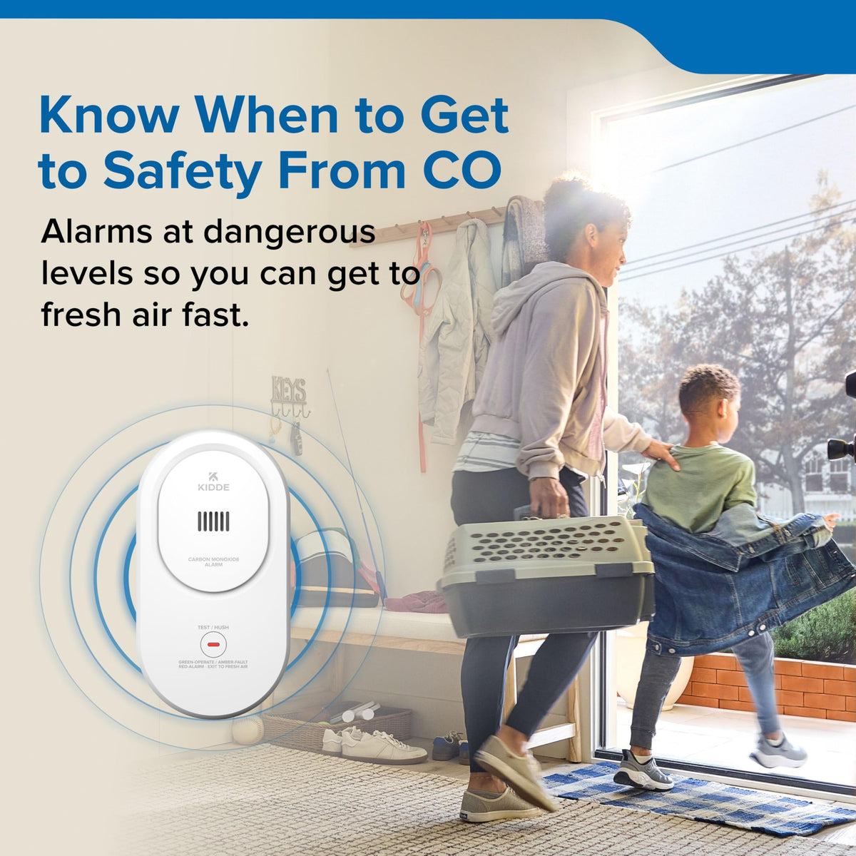 Kidde COP plug-in with rotating outlet supports flexible placement in any room.