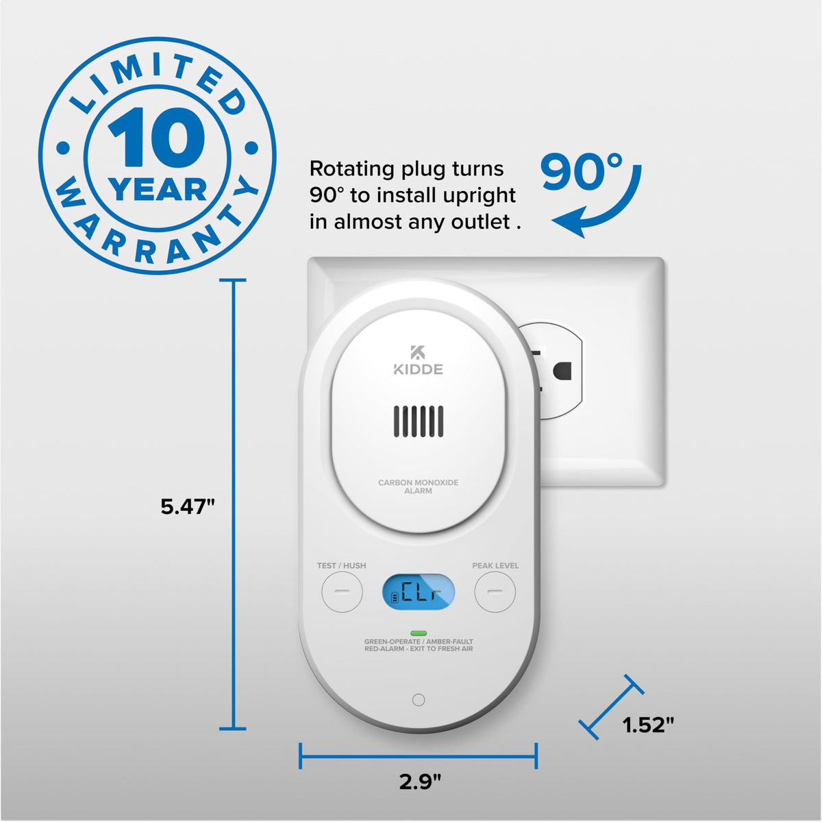 Kidde COPD CO detector plugged into 120V outlet for continuous monitoring.