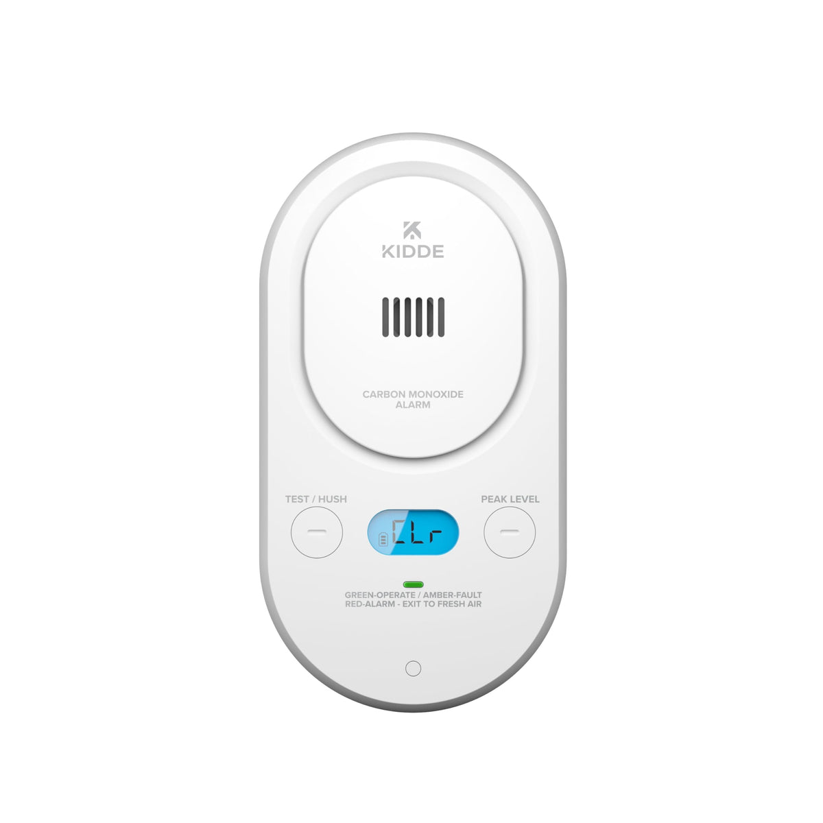 Kidde COPD CO detector with backlit display for easy CO level reading at night.
