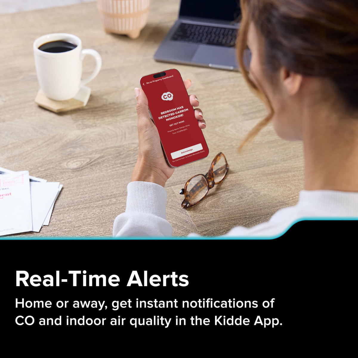 Kidde COPDLQW IAQ monitoring shows temperature, humidity, and TVOC levels for awareness.