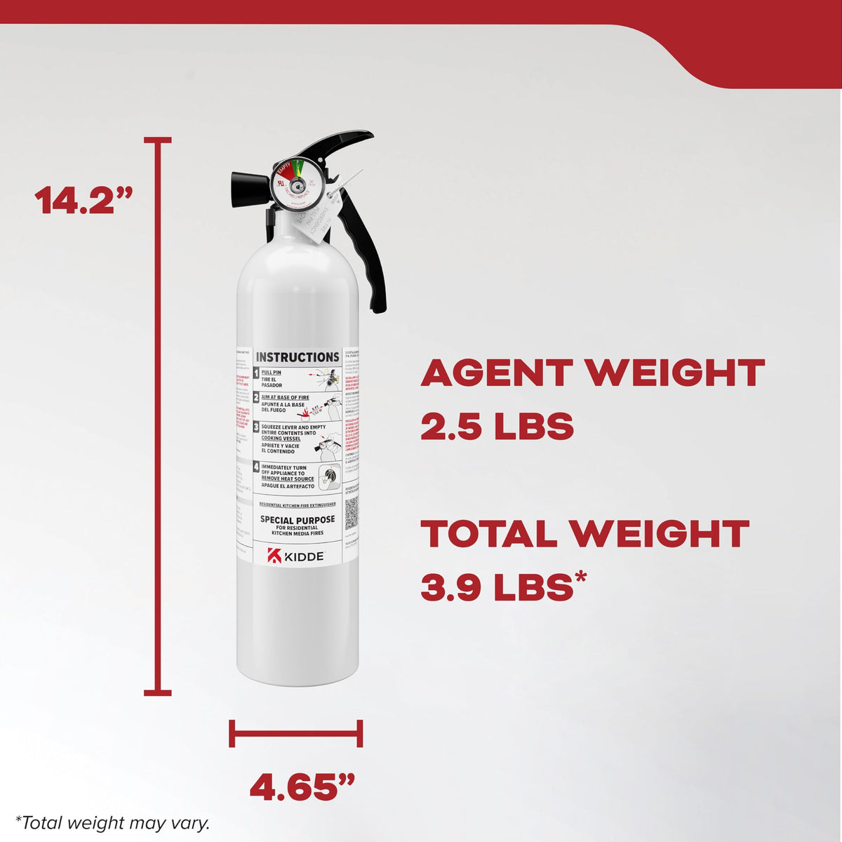 Kidde 2.5 lb extinguishing agent covers typical kitchen grease fires.