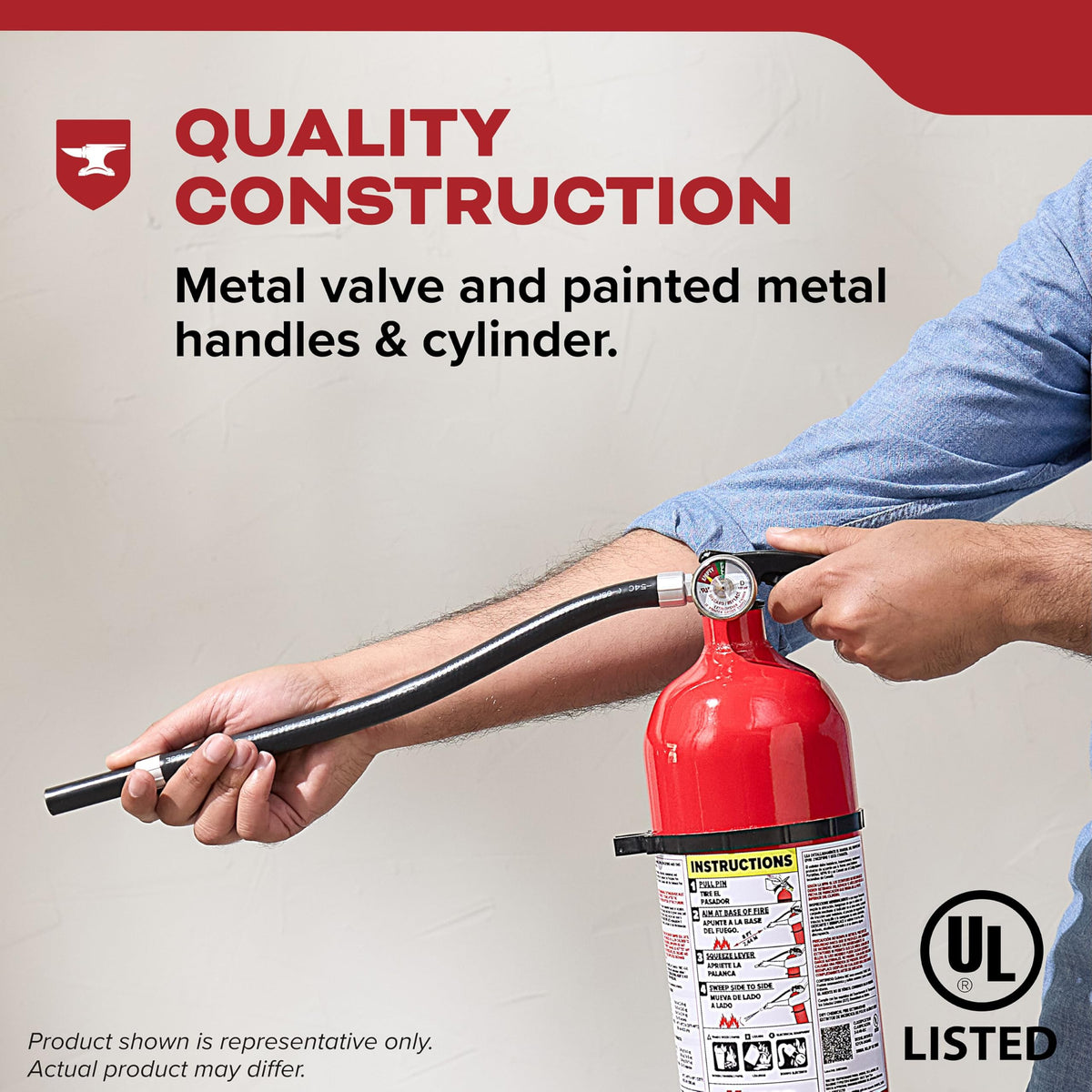 Kidde ergonomic steel handle supports comfortable operation