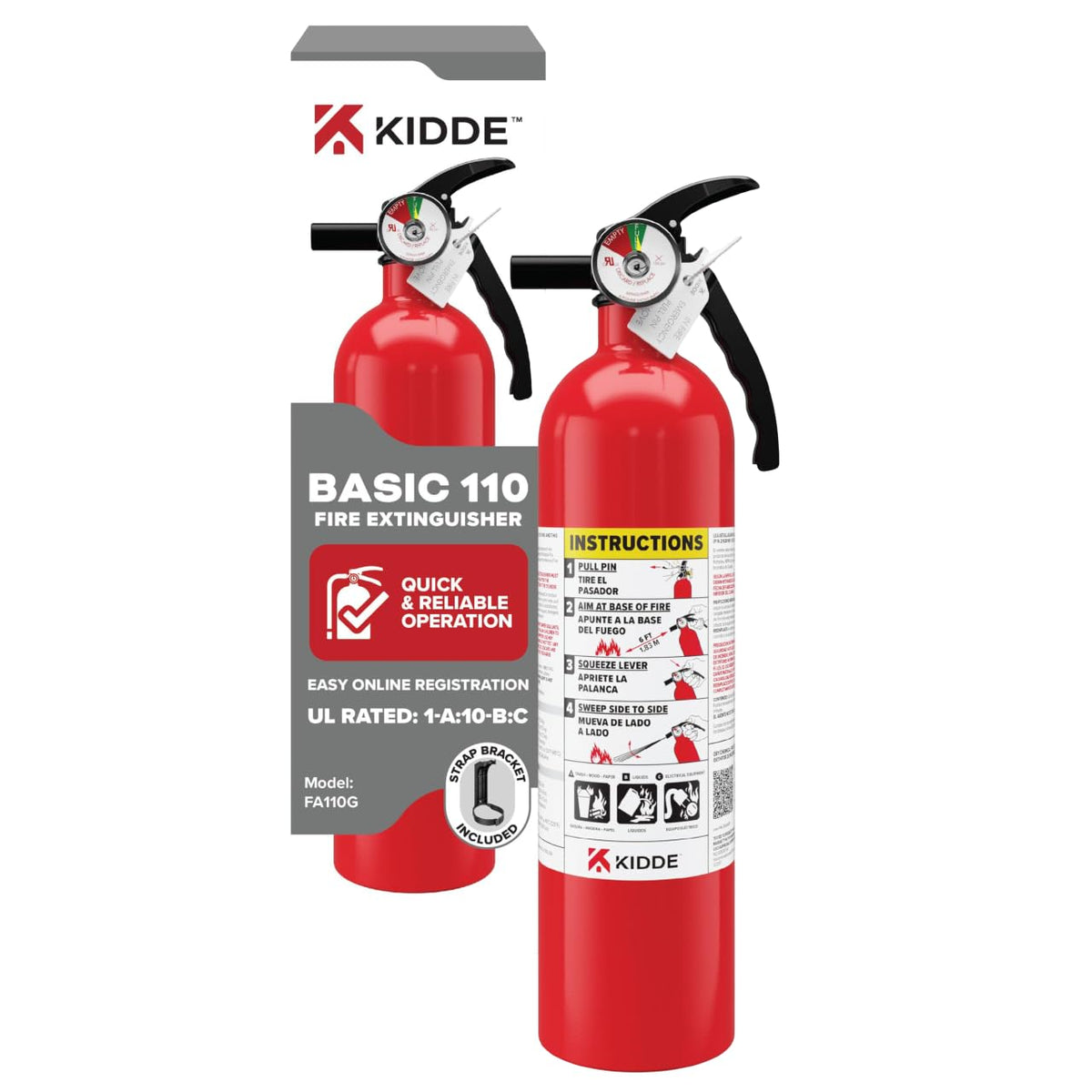 Kidde FA110G extinguisher full view for home protection and quick access.
