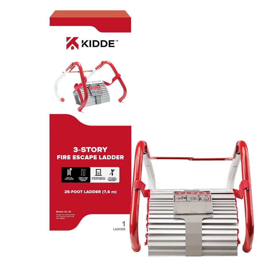 Kidde fire escape ladder folded compact for easy storage and quick access.