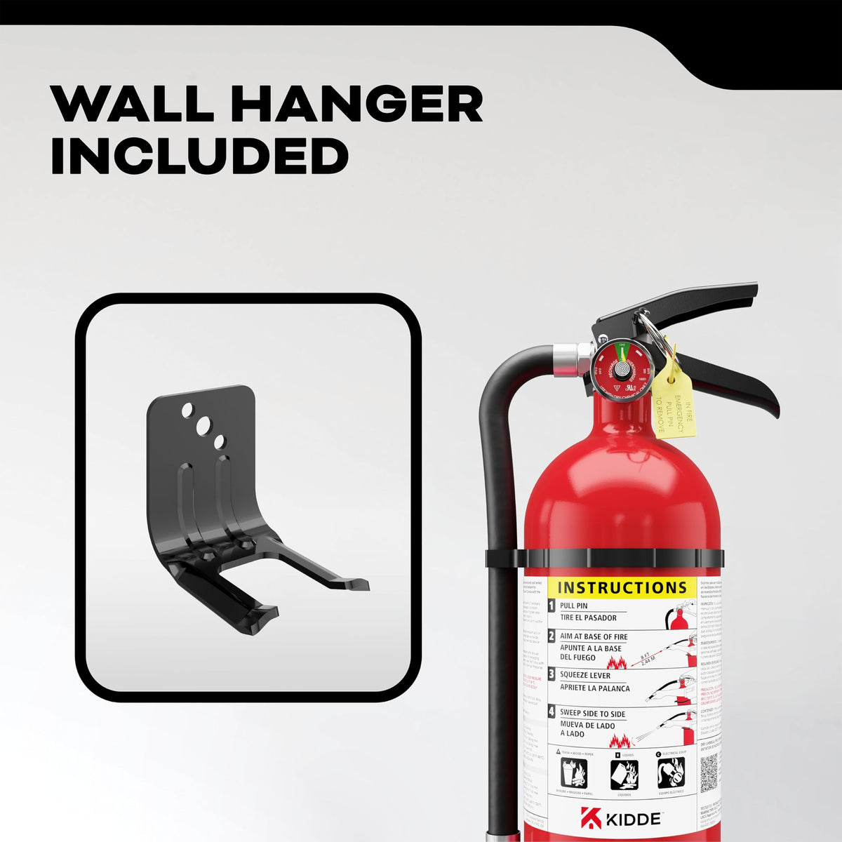 Kidde extinguisher shows 12-18 feet discharge range for placement flexibility.