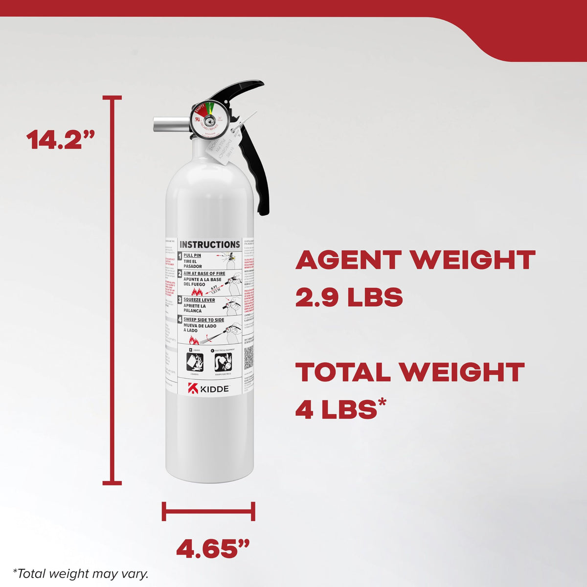Kidde PASS method reference on extinguisher for proper use.