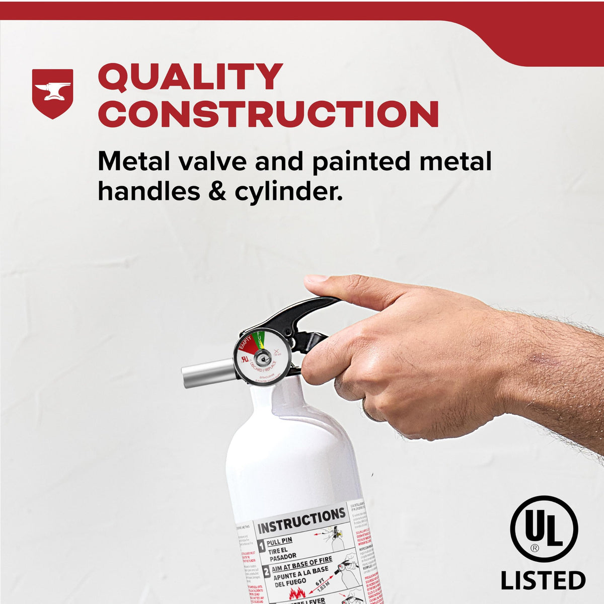 Kidde extinguisher mounted with strap bracket for easy accessibility.