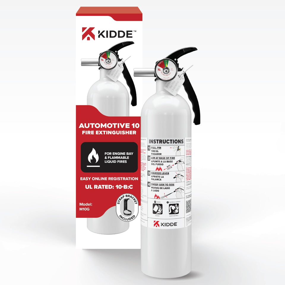 Kidde 10BC vehicle fire extinguisher ready for quick response in cars and trucks.