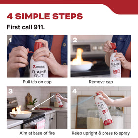 Kidde Flame Out Fire Spray kitchen use demonstrates portable, grab-and-go protection.