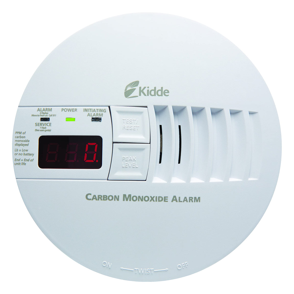 Kidde hardwired CO detector front view with clear digital display for quick CO checks