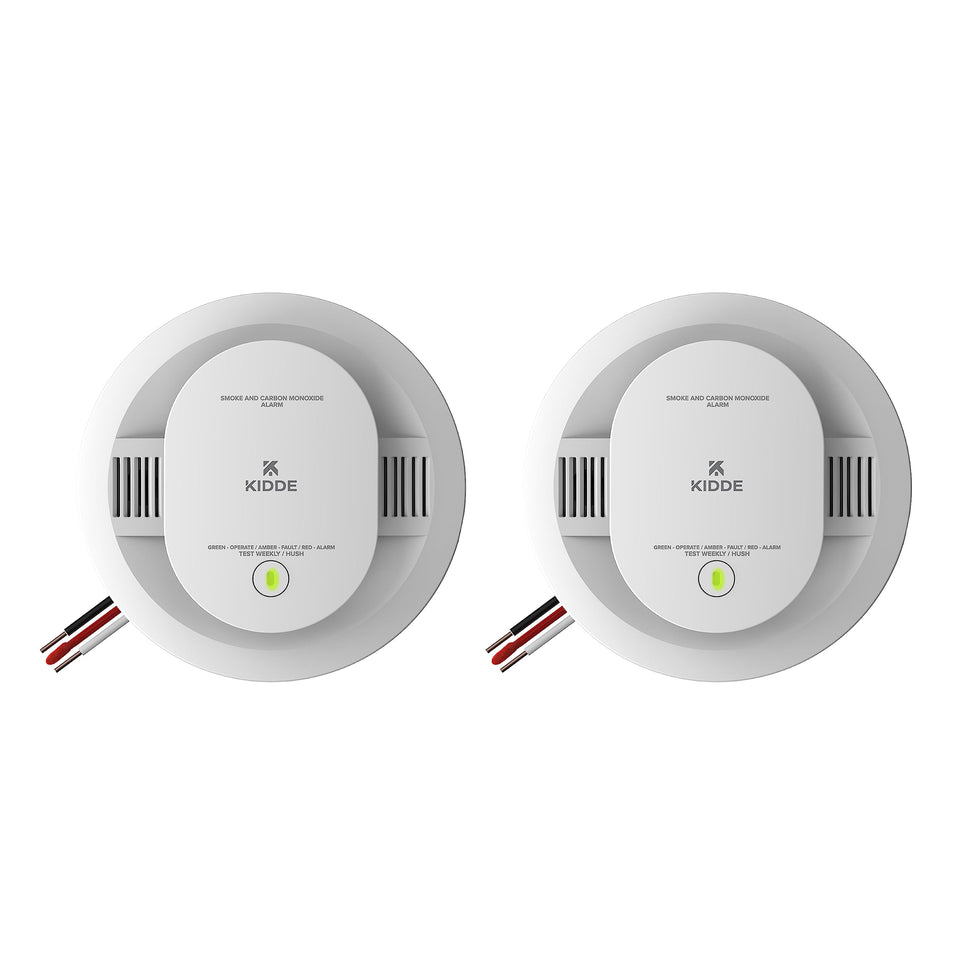 Kidde hardwired detector with dual sensors for fire and CO alerts.