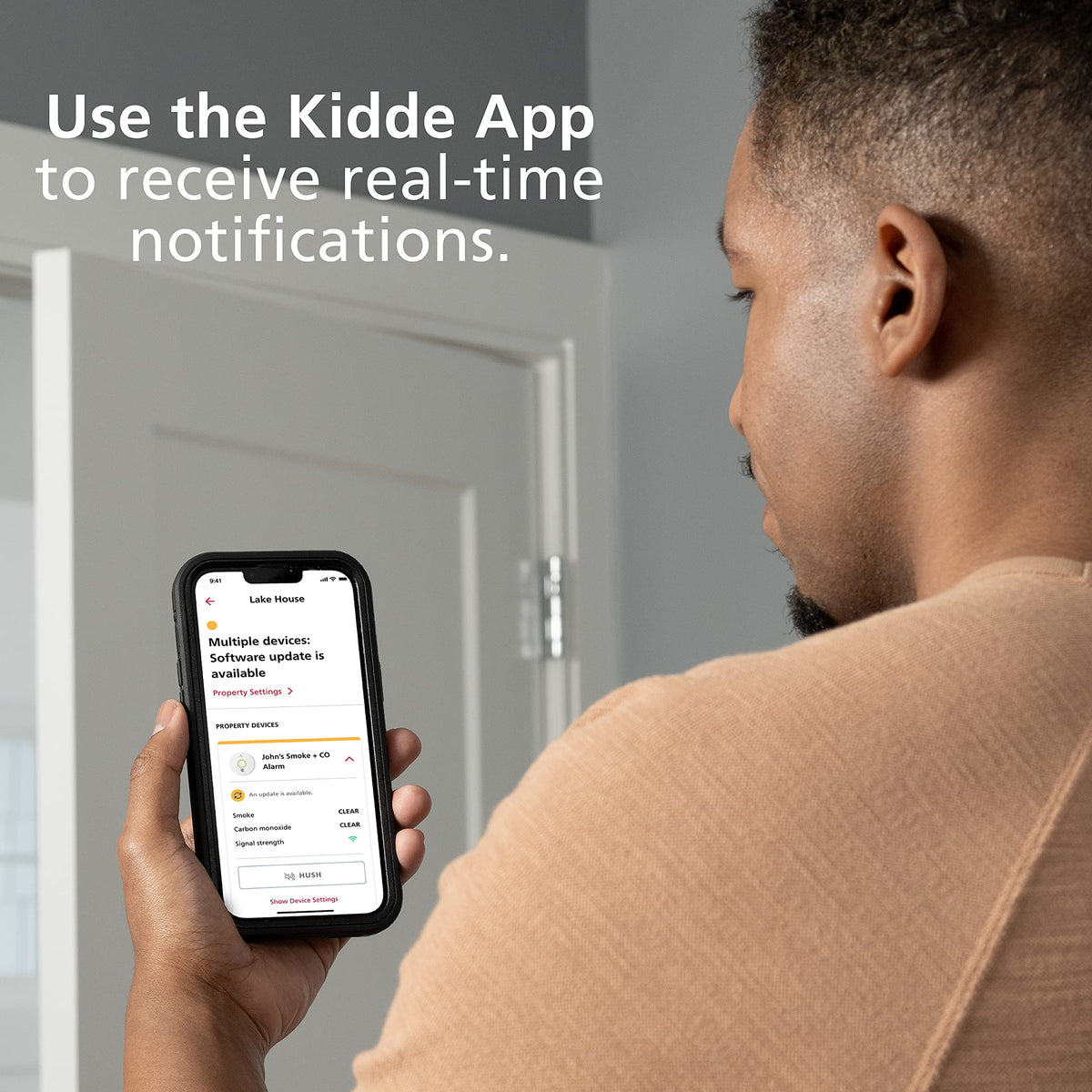 Kidde leak detector phone-notifications image highlights remote alerts via app.