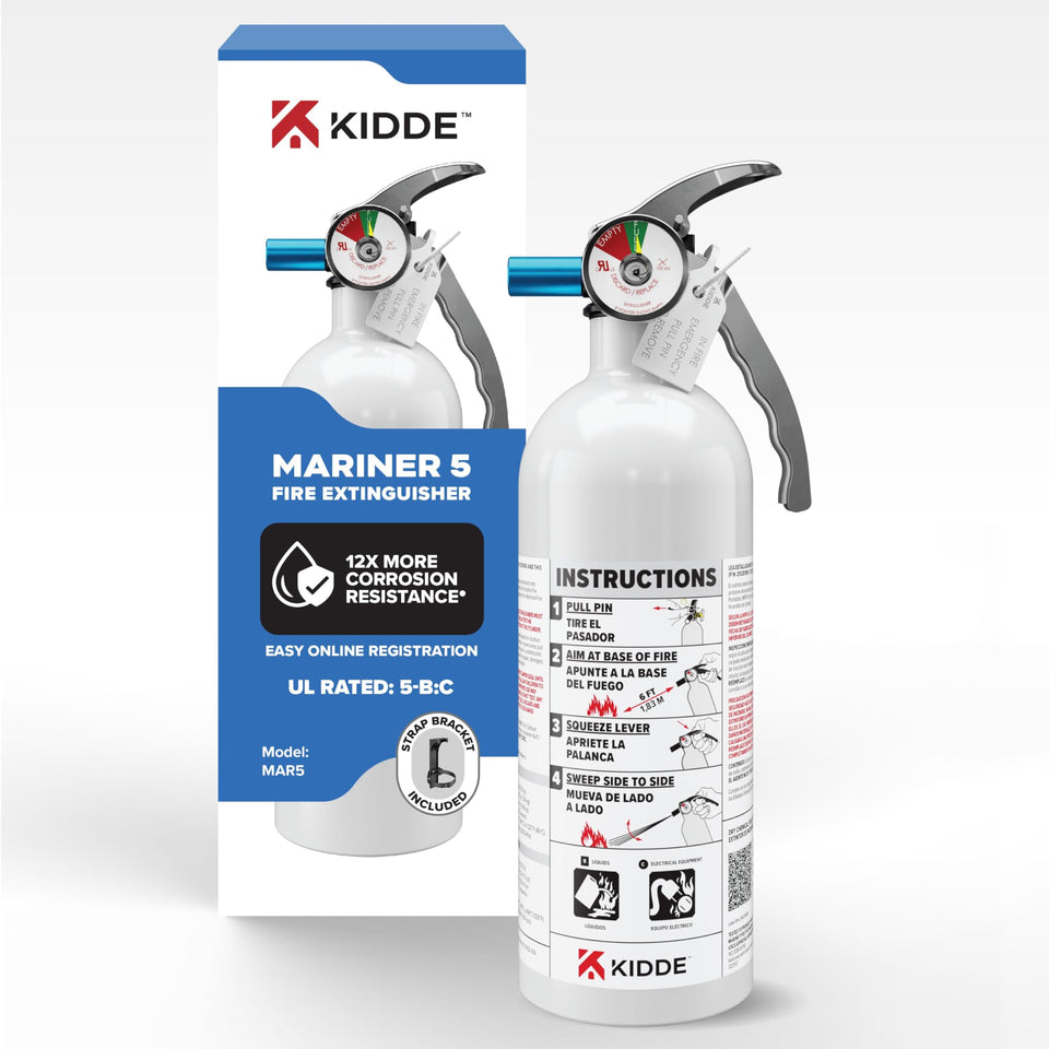 Kidde Mariner 5BC extinguisher mounted on boat for quick access