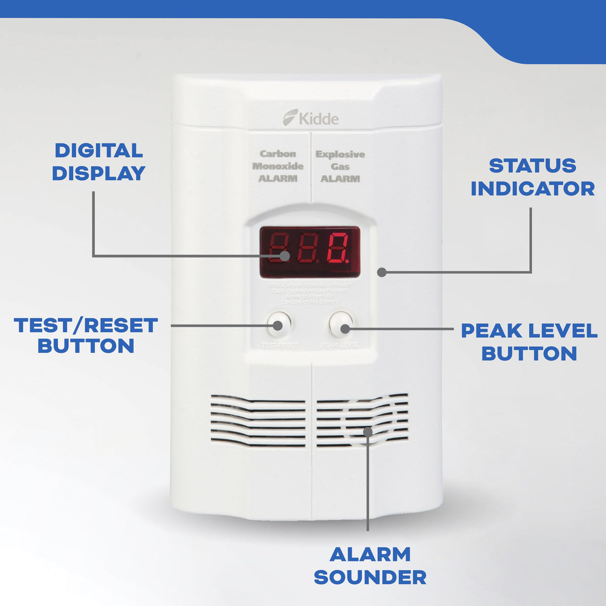 Kidde Nighthawk 85 dB alarm loudly alerts about detected gas or CO.