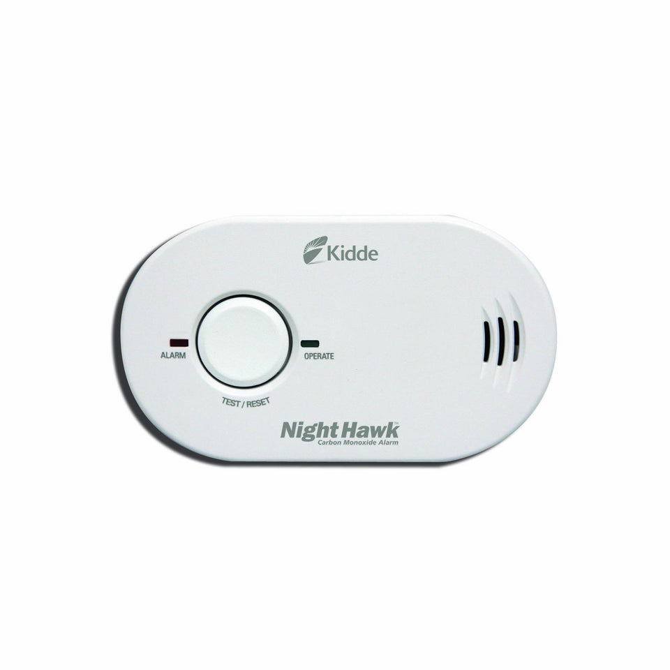 Kidde Nighthawk CO alarm front view with dual LEDs for quick status checks