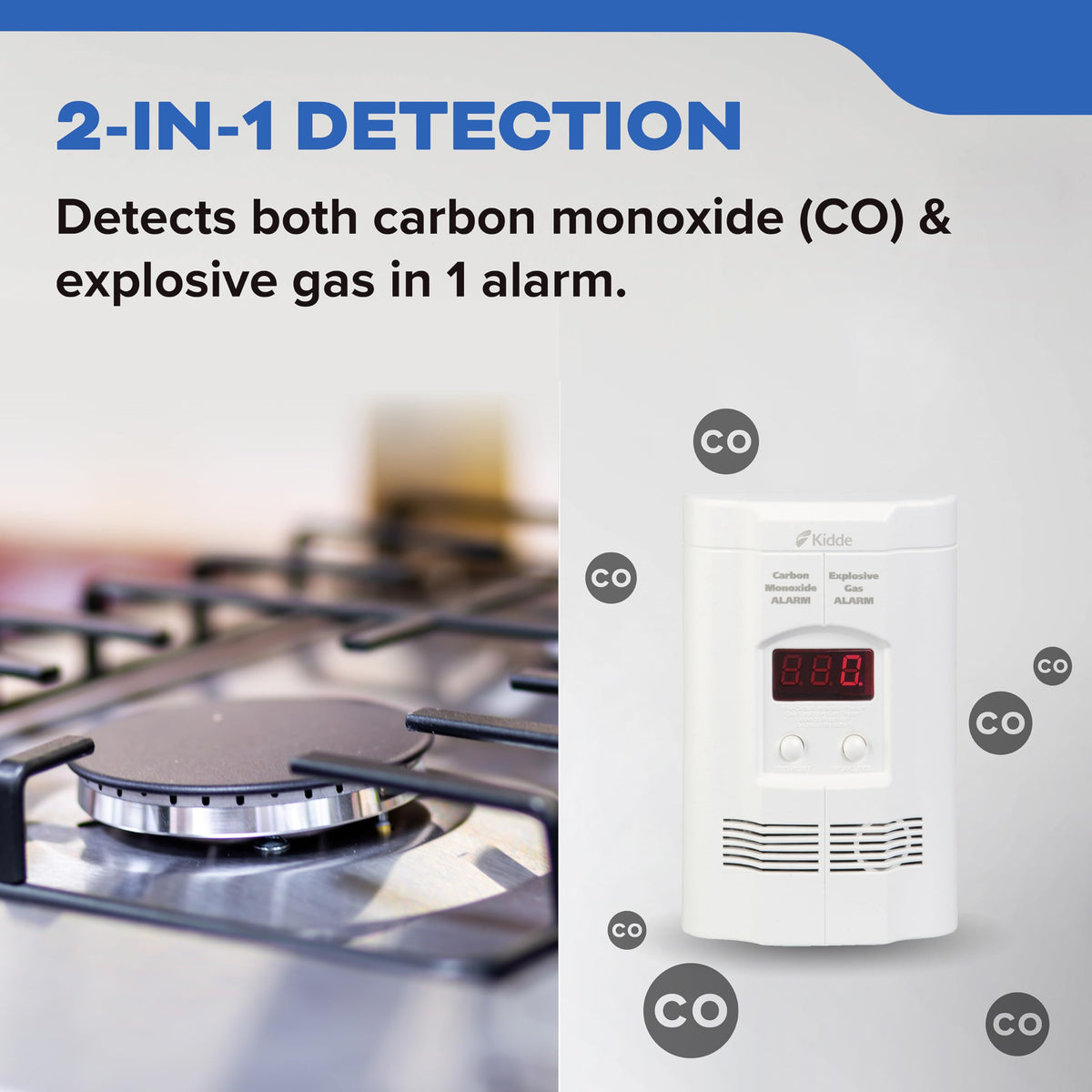 Kidde Nighthawk digital display shows CO levels at a glance for quick awareness.