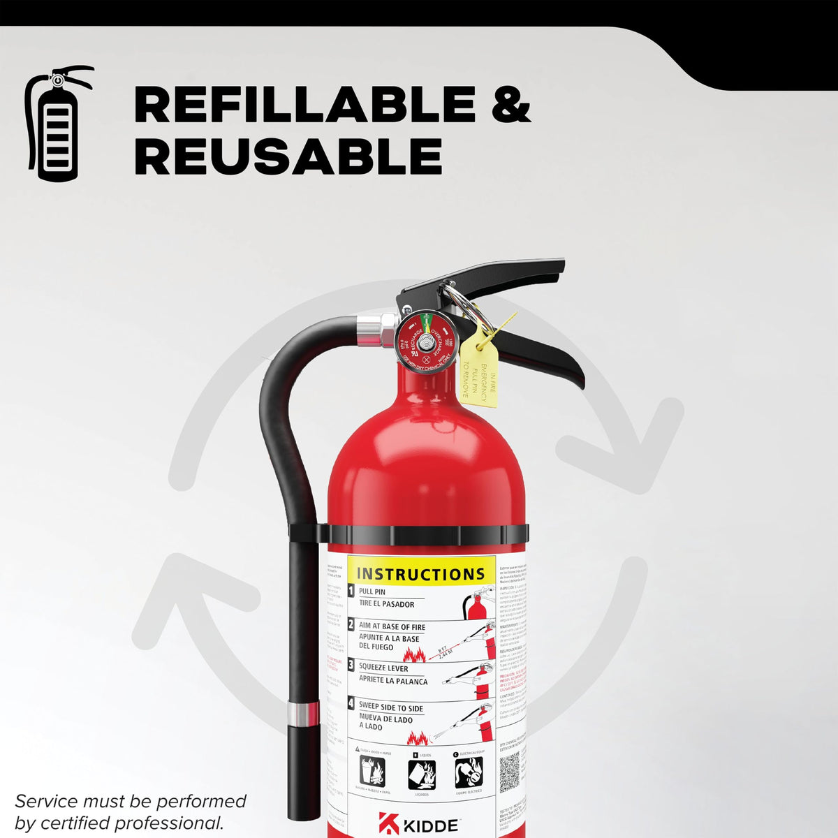Kidde Pro extinguisher corrosion-resistant aluminum cylinder for durability.
