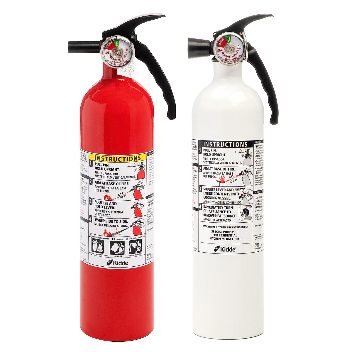 Kidde red 1-A:10-B:C kitchen extinguisher mounted for quick access during home fires.