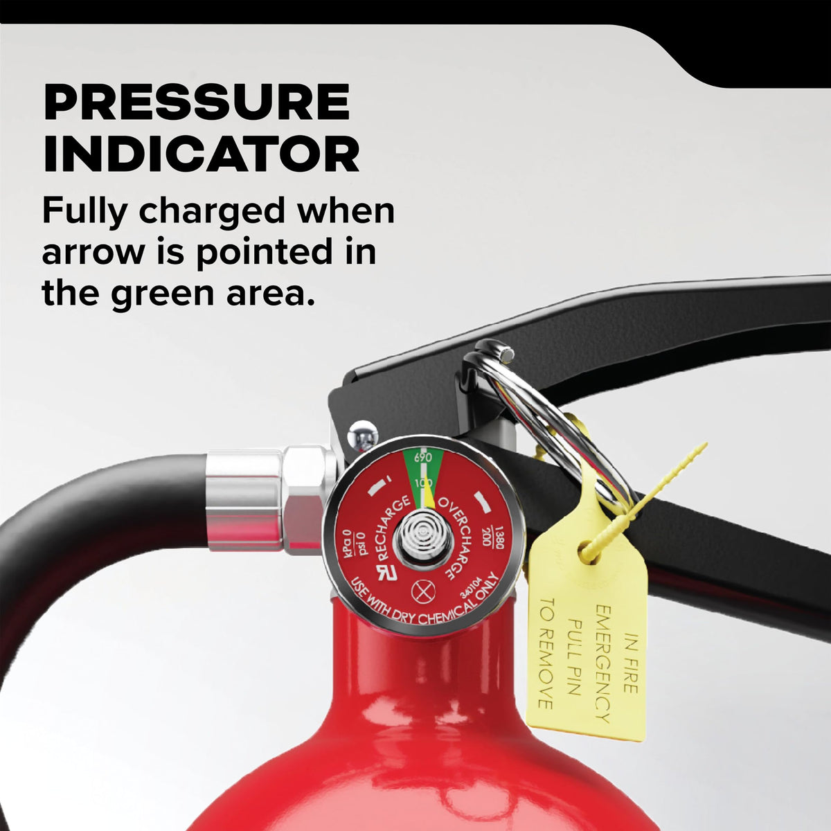 Kidde safety pin and pull ring shown for quick access during emergencies.