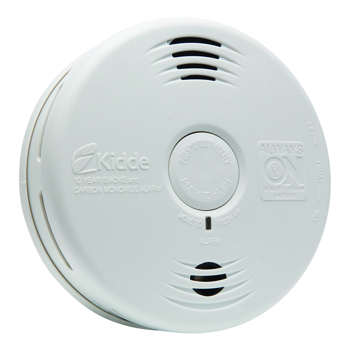 Kidde smoke and CO detector shown mounted on wall with 10-year battery for long-lasting protection.