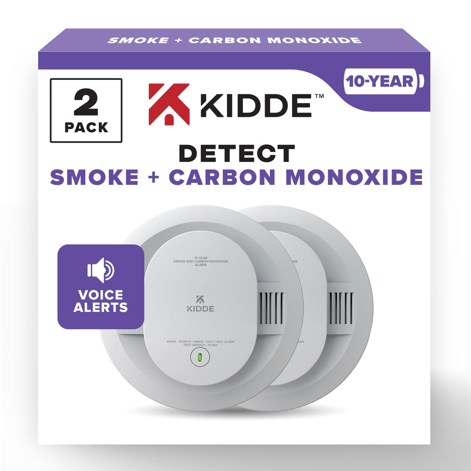 Kidde smoke and CO detector front view with clear five-inch design for home monitoring.