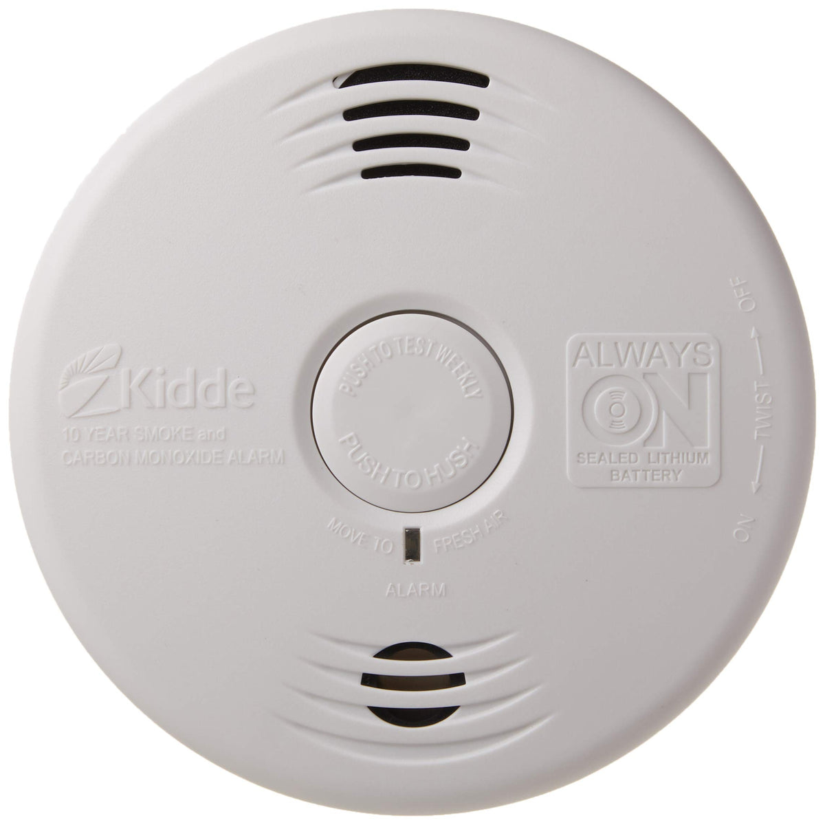Kidde smoke and CO detector front view with 85 dB alarm and voice alerts for quick safety awareness.