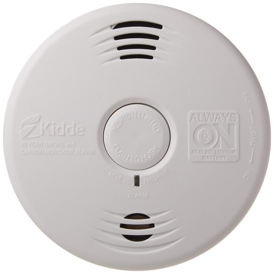 Kidde smoke and CO detector front view with 85 dB alarm and voice alerts for quick safety awareness.