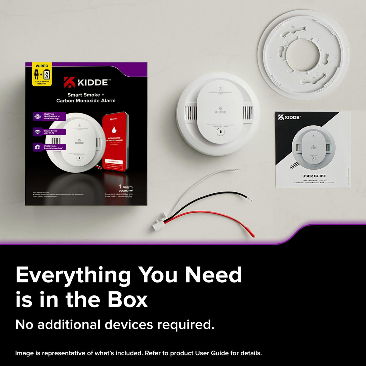 Kidde box contents including detector, mounting hardware, and batteries